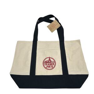 Trader Joe's Canvas Grocery Reusable Large Tote Bag Blue & White Embroidered NWT